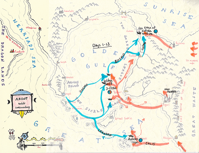 A setting map with tracing paper overlaid to indicate battles and troop movements